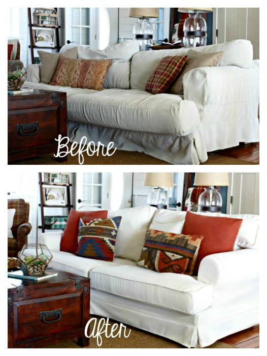 Comfort Works Custom Ekeskog Slipcover Before & After in Herringbone Ivory