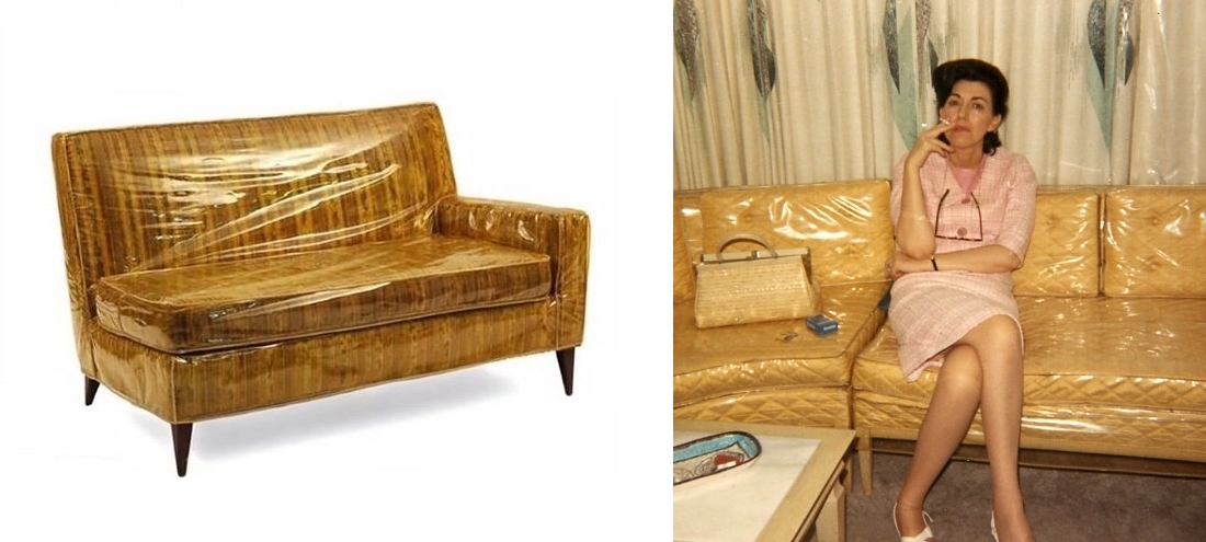 Vinyl covered yellow sofa with and without a smoking lass