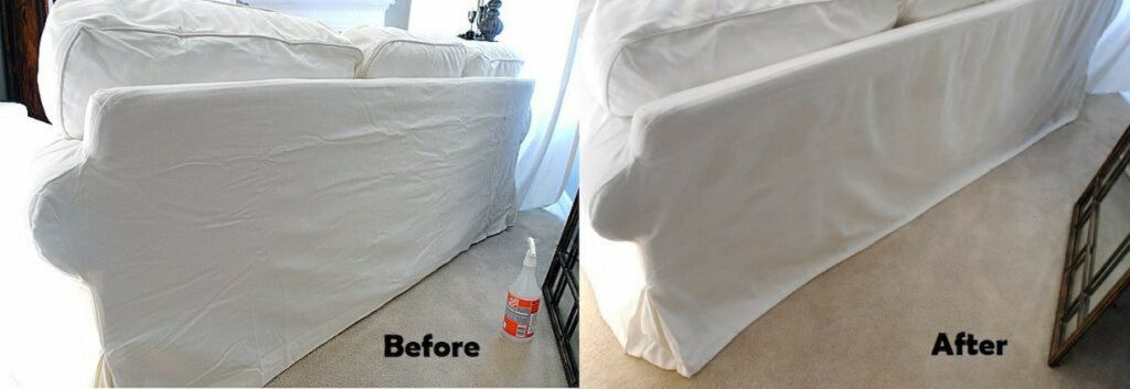 before and after of wrinkled sofa cover