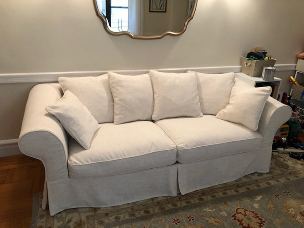 White linen sofa cover on Crate & Barrel Bloomsbury sofa