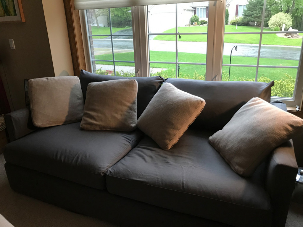 Black cotton slipcover on Crate & Barrel Lounge II sofa