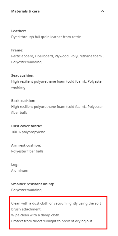 Care instructions for a leather couch on IKEA's website