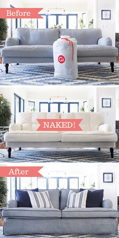 before and after putting on slipcovers on an IKEA Stocksund couch