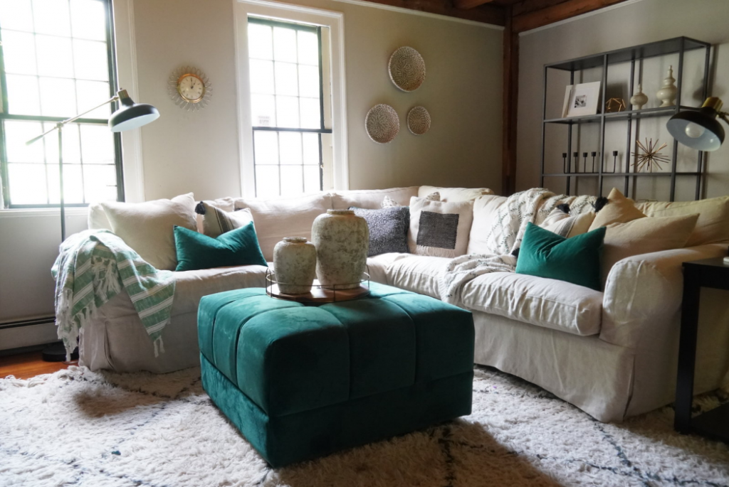 Rustic farmhouse sectional sofa in a farmhouse living room