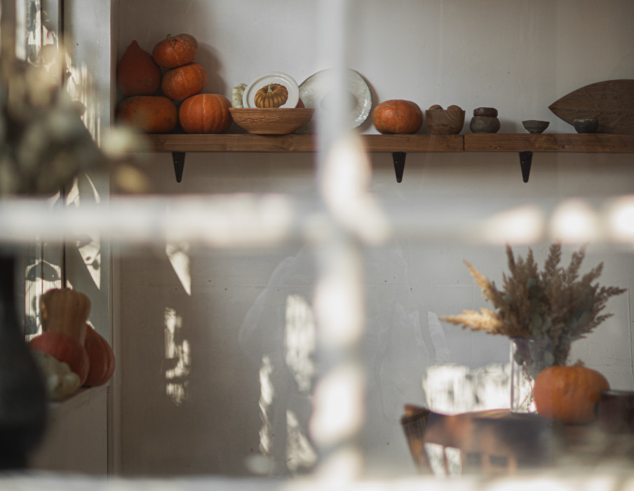 Fall kitchen counter decorations pumpkins gourds leaves