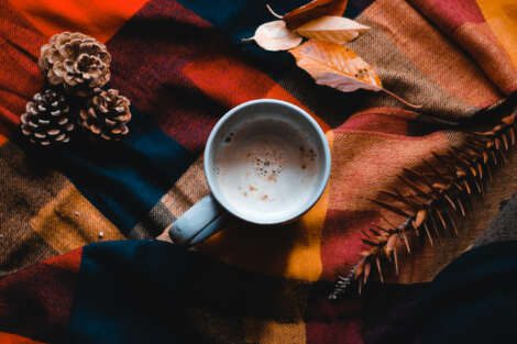 Fall Tartan Blanket With Coffee And Fall Leaves