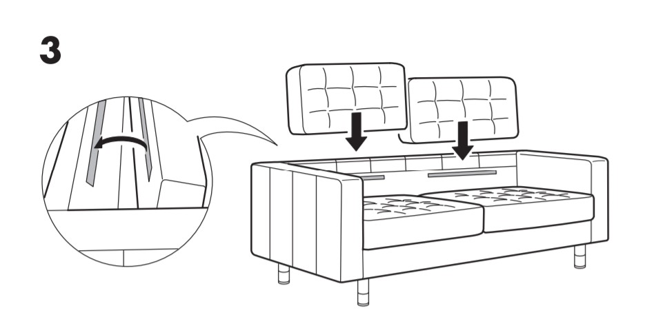 IKEA Morabo assembly guide showing velcro on backrest and back cushions