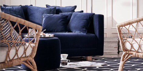 IKEA Stockholm Sofa in blue velvet slipcovers in living room