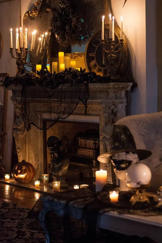 vintage spooky fireplace halloween decor idea