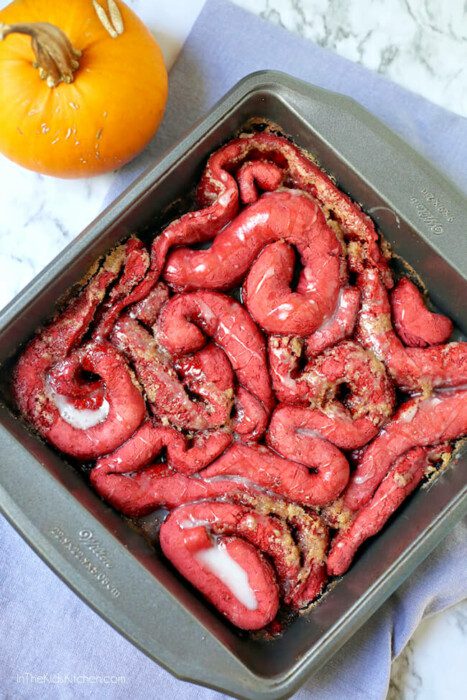 Cinnamon roll dyed red and made to look like intestines