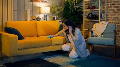 woman wiping sofa in living room