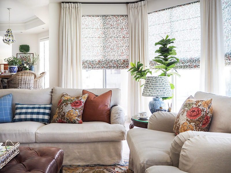 Linen sofas in a farmhouse style living room.