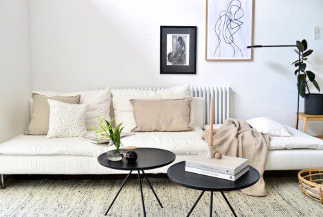 White linen couch in a living room.